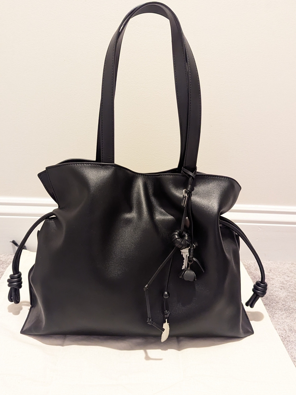 Black Leather Tote Bag with Decorative Tassels - Women Bags